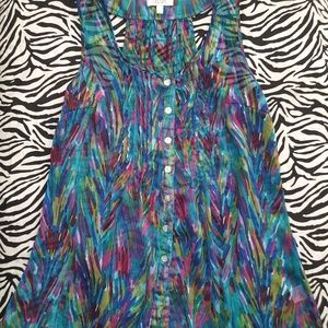 Women's flowy multi color no sleeve shirt.